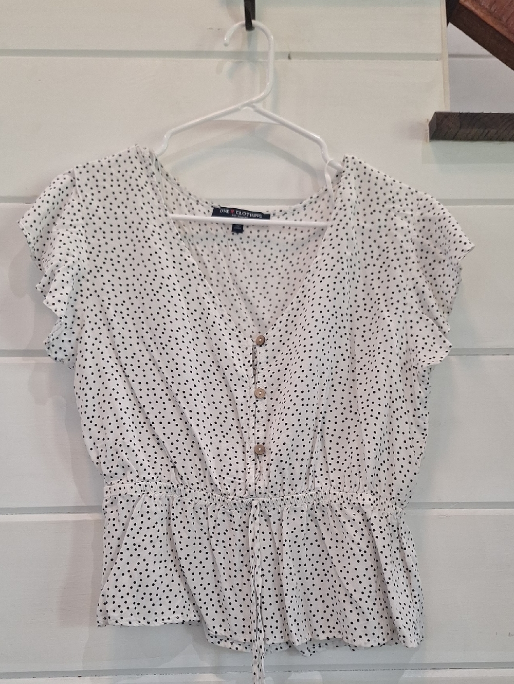 One Clothing White Polka Dot Button-Front Peplum Blouse with Drawstring Waist